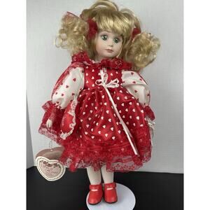 VTG Bisque Porcelain Doll Valentines Day Heart White Red Dress Blonde Curly